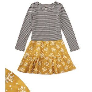 Tea Collection Tiered Skirted Dress Striped & Golden Wildflowers Sz 5